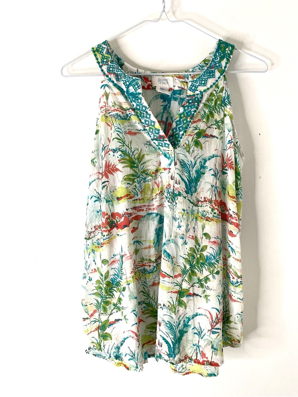 Sigrid Olsen Tropical Botanical Embroidered Split Neck Tank